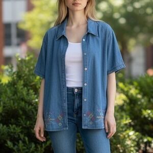 Kaktus Plus Denim Shirt Womens 2X Blue VG Southwestern Embroidered Cotton Boho